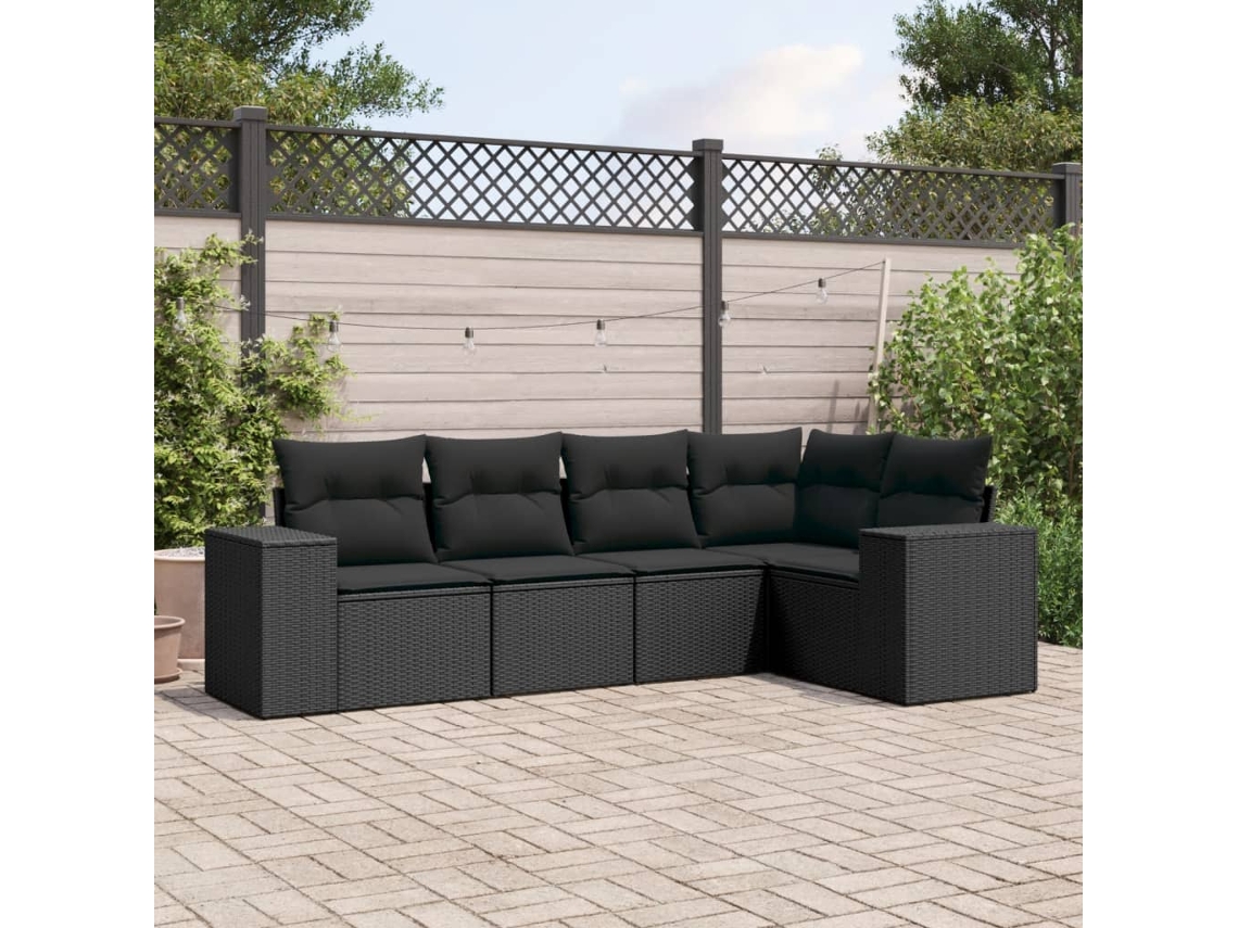 Conjunto de sofá de jardín de 5 piezas con cojines de mimbre sintético negro, Dkd Home Decor