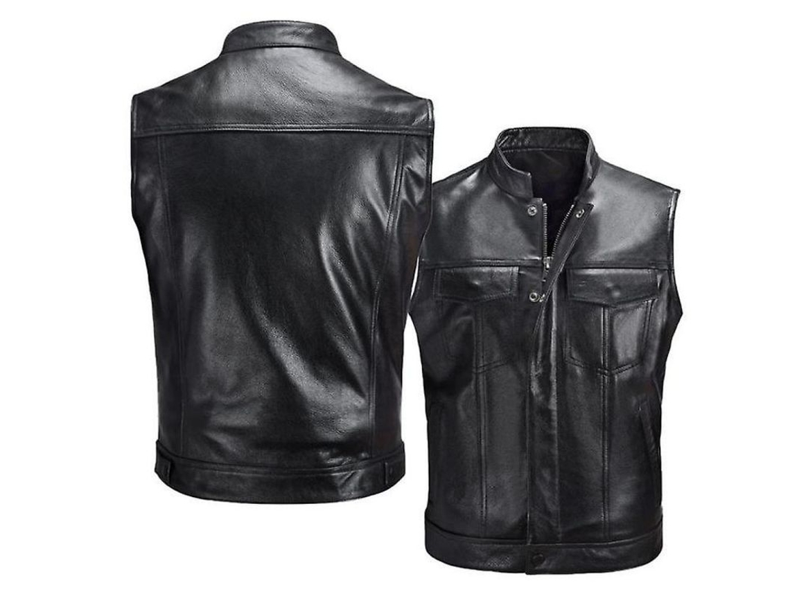 Chaleco Sem Mangas De Couro Artificial Para Moto Masculino Com Zíper Oblíquo Xtzl