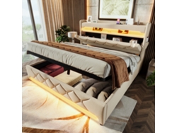 Cama Doble Color Beige De 180x200 Cm, Iluminación Led De 360°, Puerto Usb-c Y Compartimento De Almacenamiento Hidráulico.