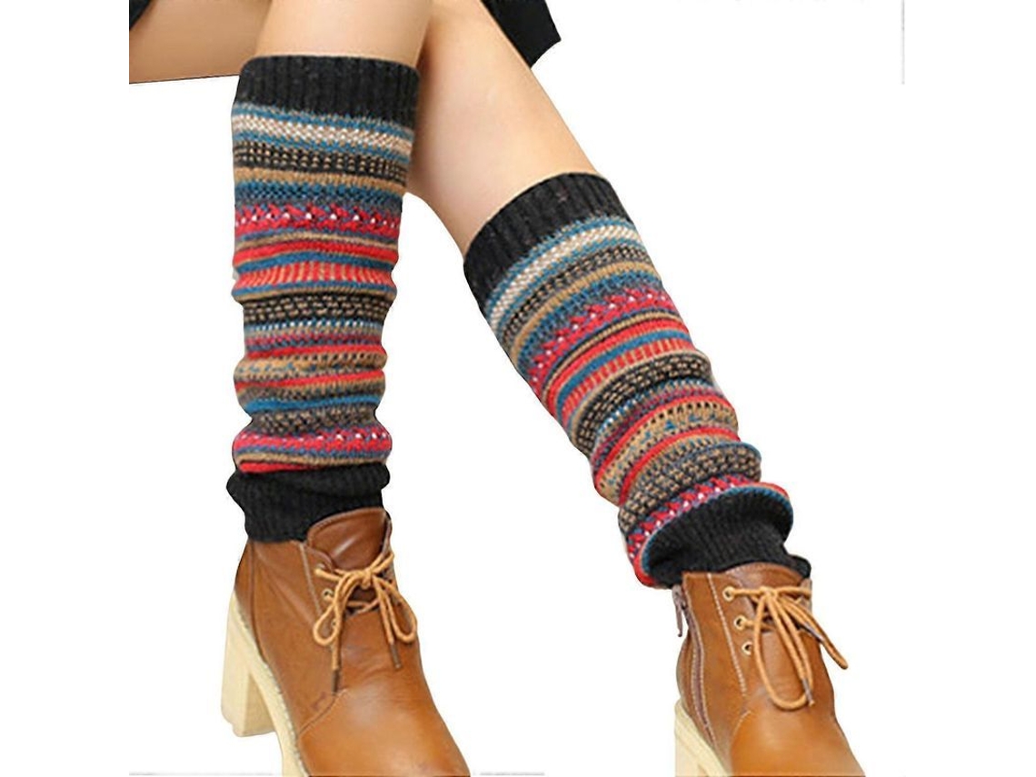 Calentadores de piernas de punto hasta la rodilla para mujer con estampado de rayas de estilo étnico, para otoño/invierno 2026.