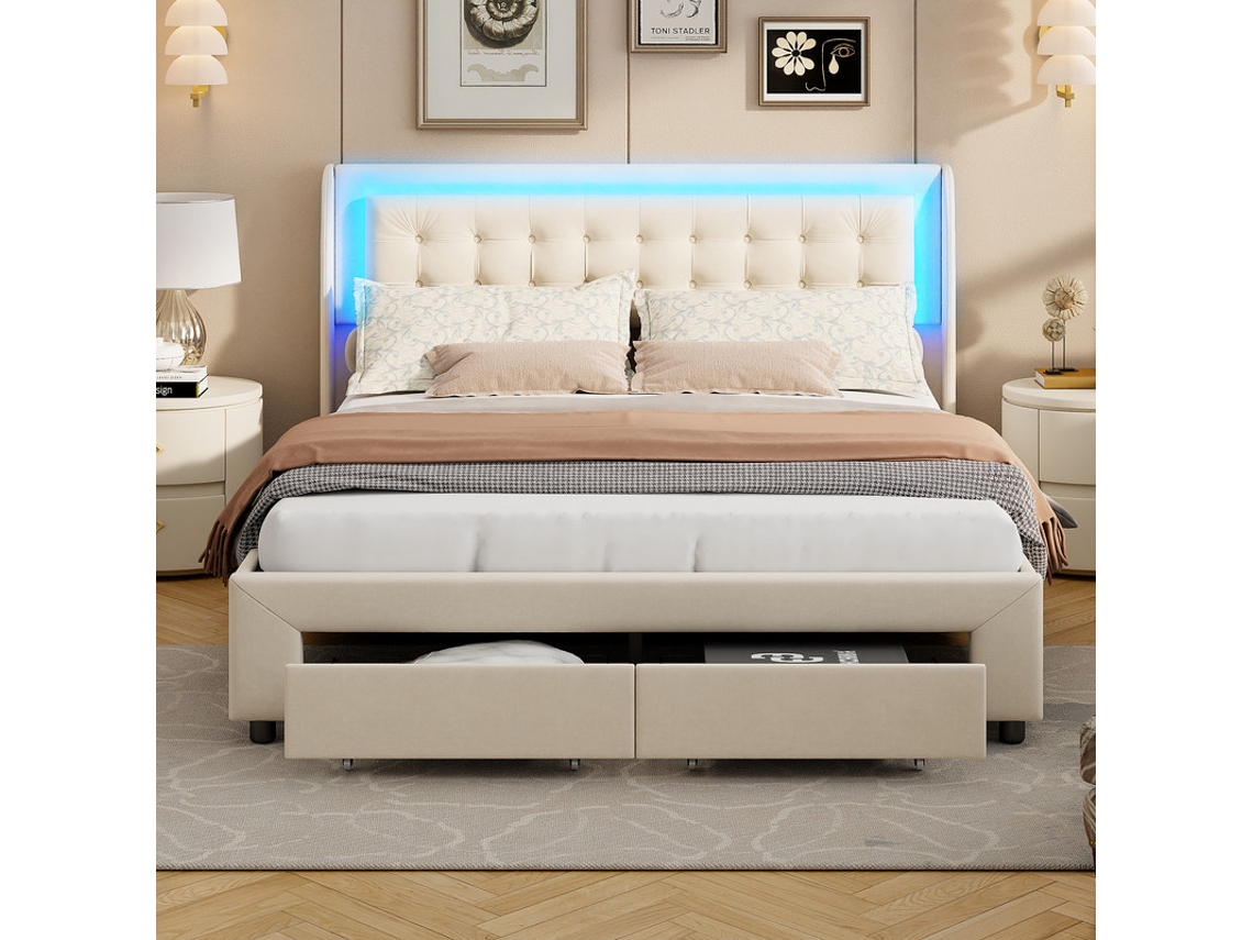 Cama Matrimonial Led Con Almacenaje Hidráulico, 140x190cm, Doble Almacenamiento + Cabecera De Terciopelo Bege, Tira Led Rgb, Estilo Nórdico