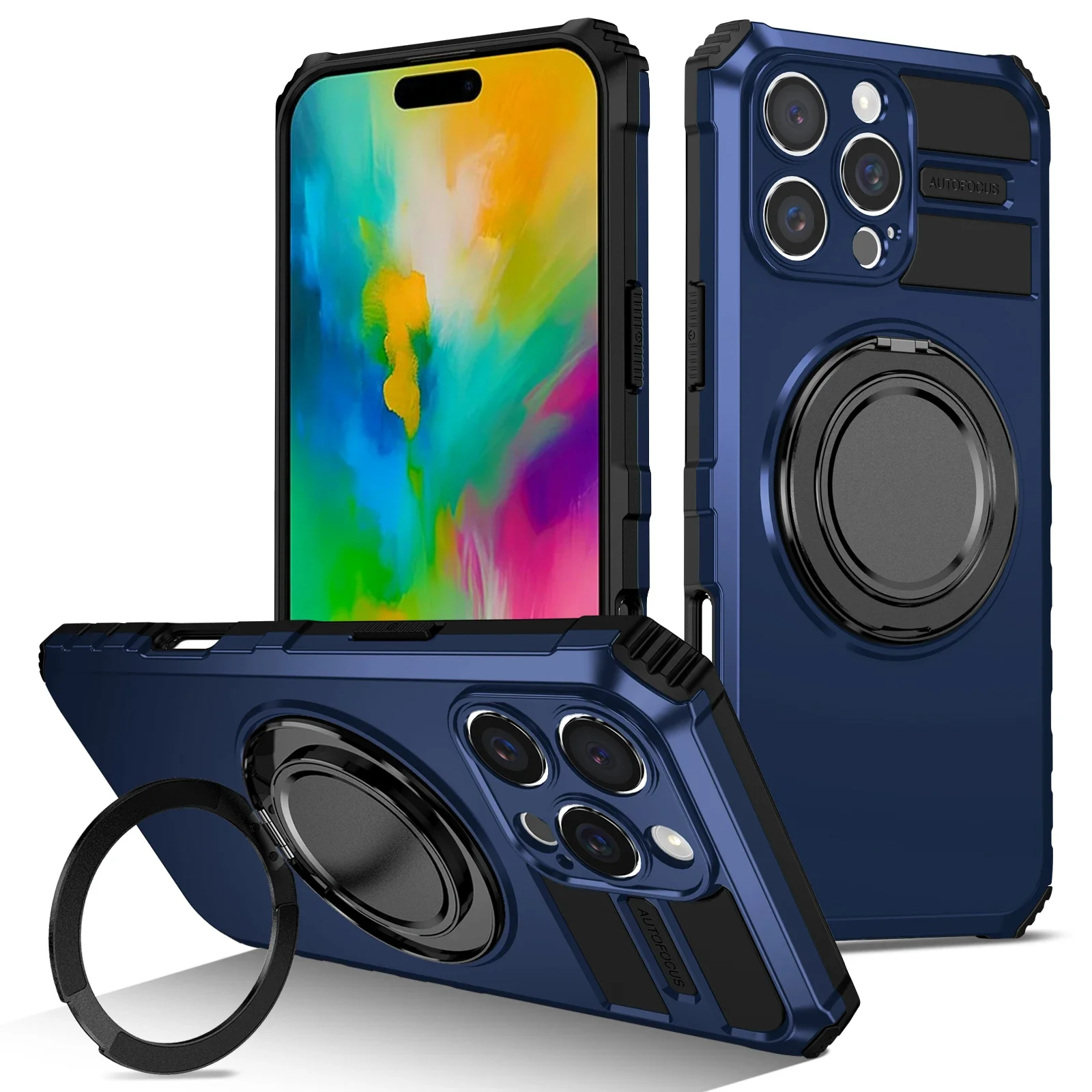 (azul, Iphone 15) Elegante Funda Magnética Para Teléfono De Coche Con Soporte De Anillo Metálico Giratorio De 360 Grados.