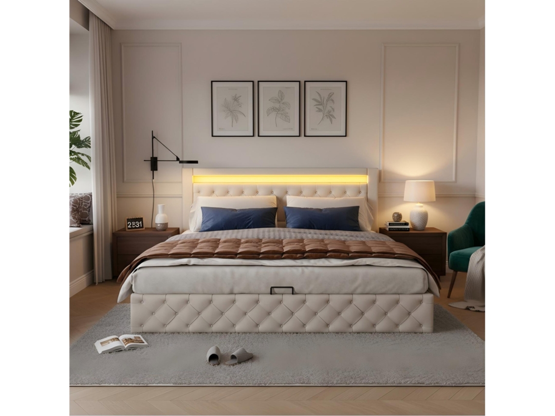 Cama Tapicero 140x190 Cm, Almacenamiento Hidráulico, Iluminación Led Integrada, Somier De Láminas, Acabado Pu Blanco