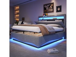 Cama tapizada gris de 140 x 200 cm sin colchón, LED, almacenaje hidráulico, USB/Tipo C, cabecero con compartimentos, terciopelo