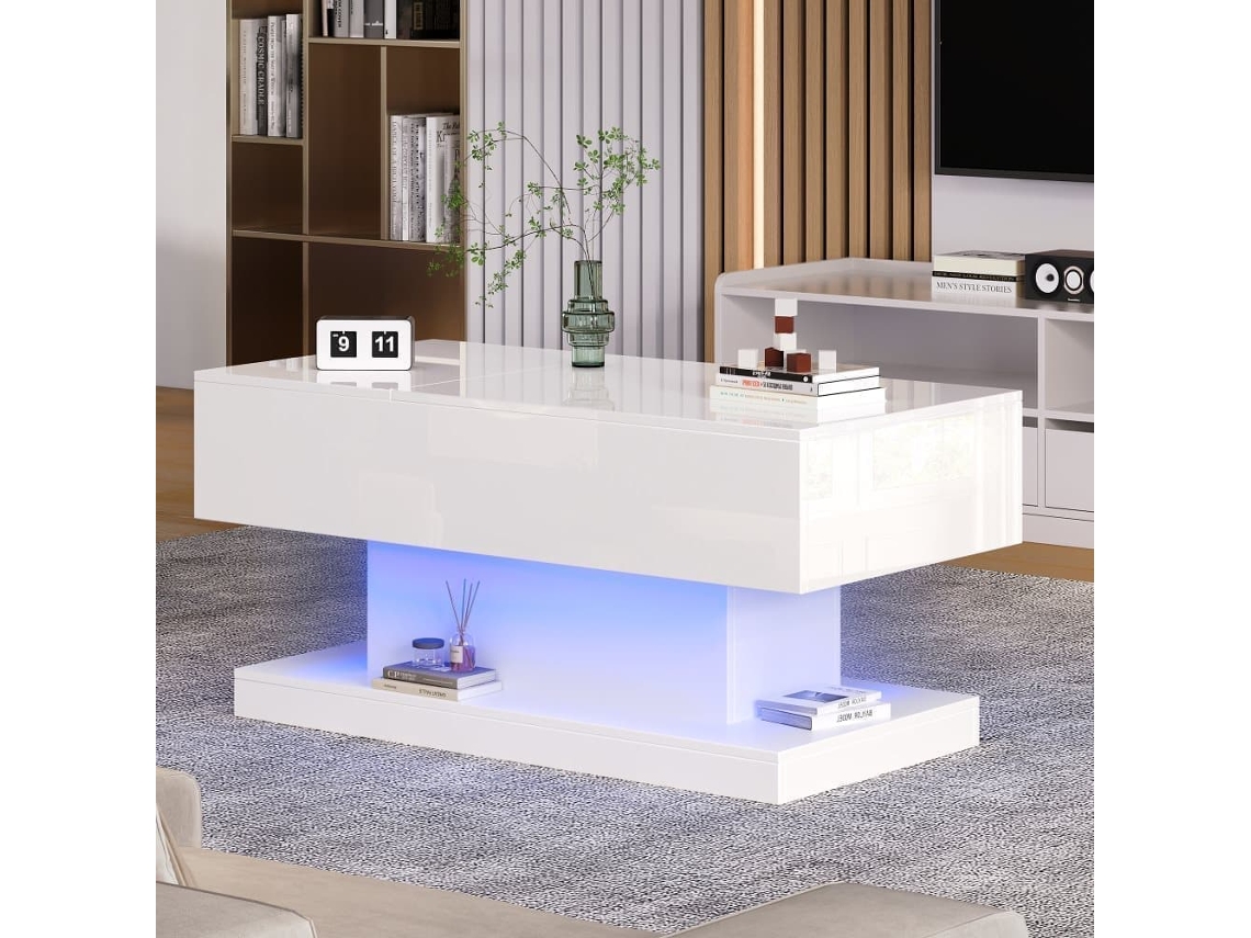 Mesa De Centro Elevable 100x50x45 Cm - Con Led, Superficie Elevable Y Diseño Deslizante Lateral, Elevación Hidráulica Y Almacenamiento - Blanco