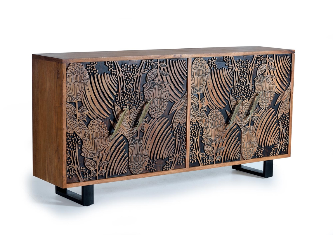 Aparador madera de acacia y detalles en negro. Marrón.GINER Y COLOMER 94x42x190