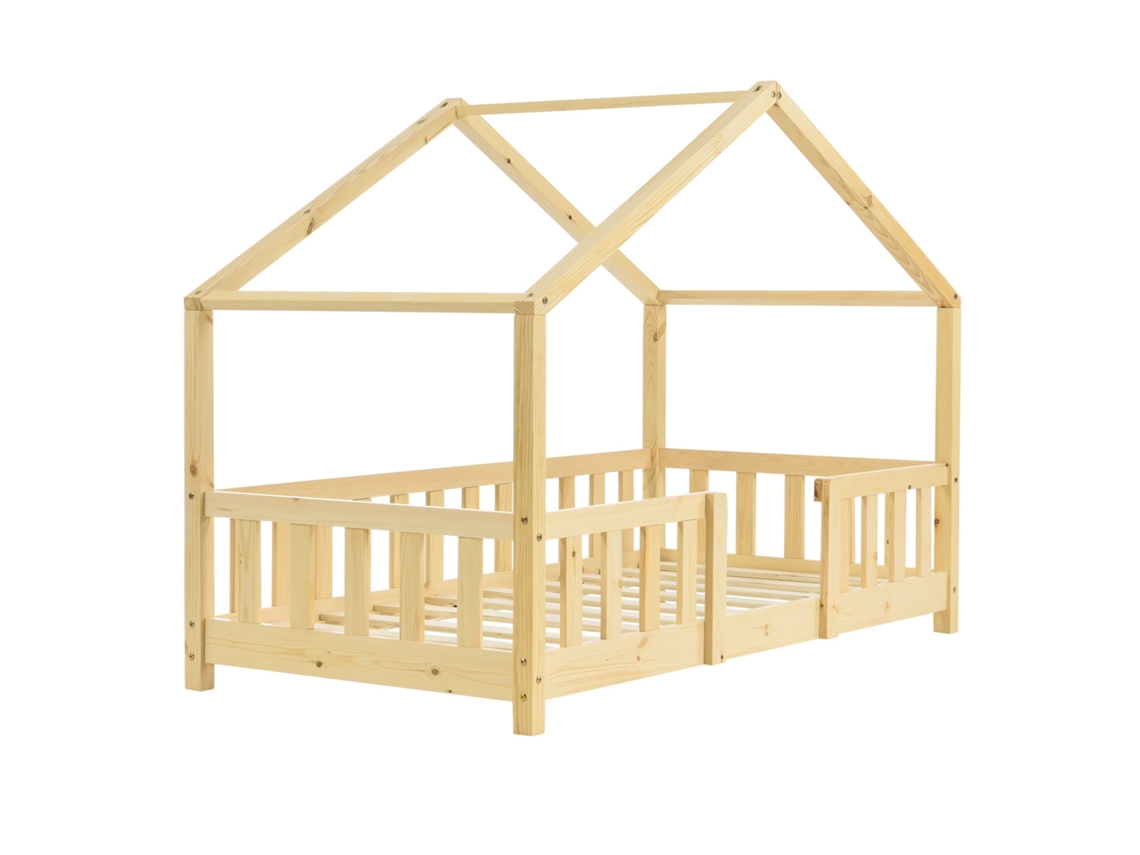 Cama Infantil Forma Casita Con Rejilla de Protección 70X140 Cm Madera Natural 030005462 MOBIKASA