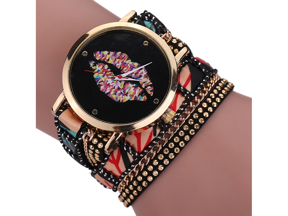 Reloj De Pulsera Multicapa De Estilo Étnico Para Mujer Con Correa De Cuarzo Negra.