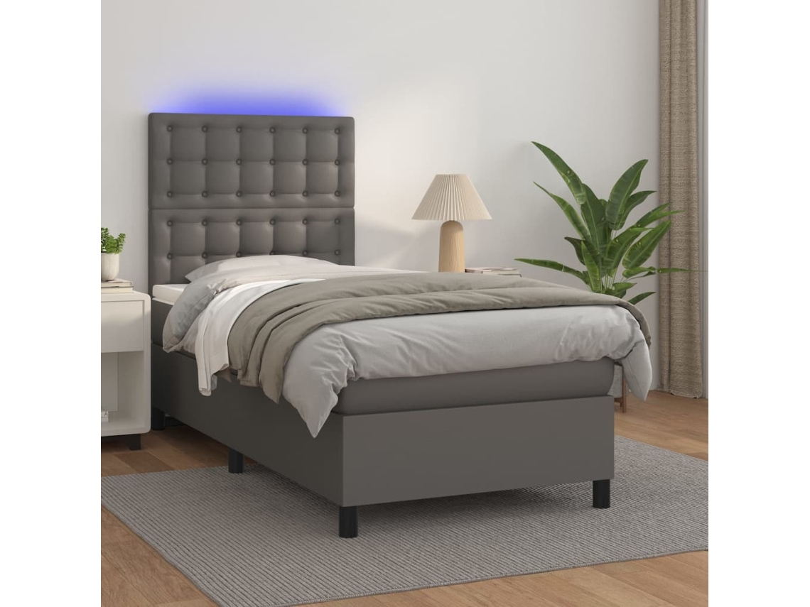 Cama Box Spring Colchón Y Led Cuero Sintético Gris 100x200 Cm