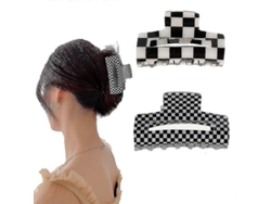 2 Pinzas Para El Cabello Clásicas Tipo Banana Con Estampado De Cuadros Blancos Y Negros Para Mujeres Y Niñas Con Agarre Firme.