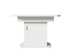 Mesa de comedor retráctil ovalada blanca Mobrio con espacio de almacenamiento y asa dorada