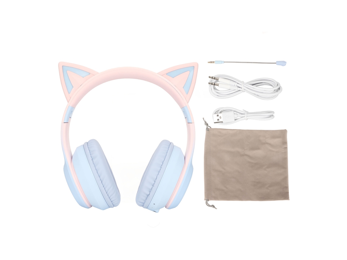 Auriculares Inalámbricos Plegables Con Orejas De Gato, Bluetooth, Para Juegos, Con Luces Led Y Micrófono Desmontable - Azul