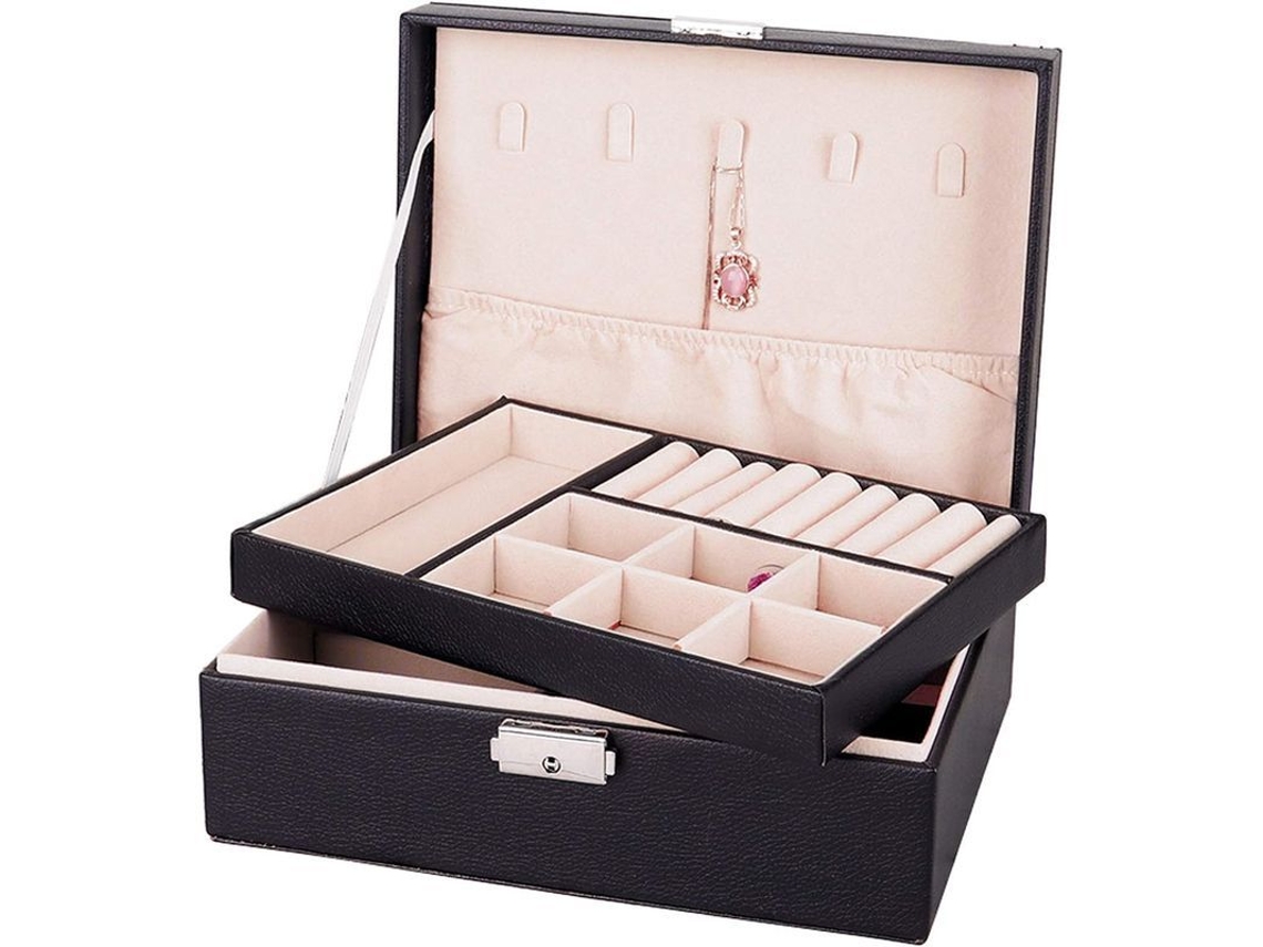 Caja Joyería Organizadora De 2 Capas Con Cierre Seguro De Cuero Pu Negro Para Collares Anillos Pendientes Relojes