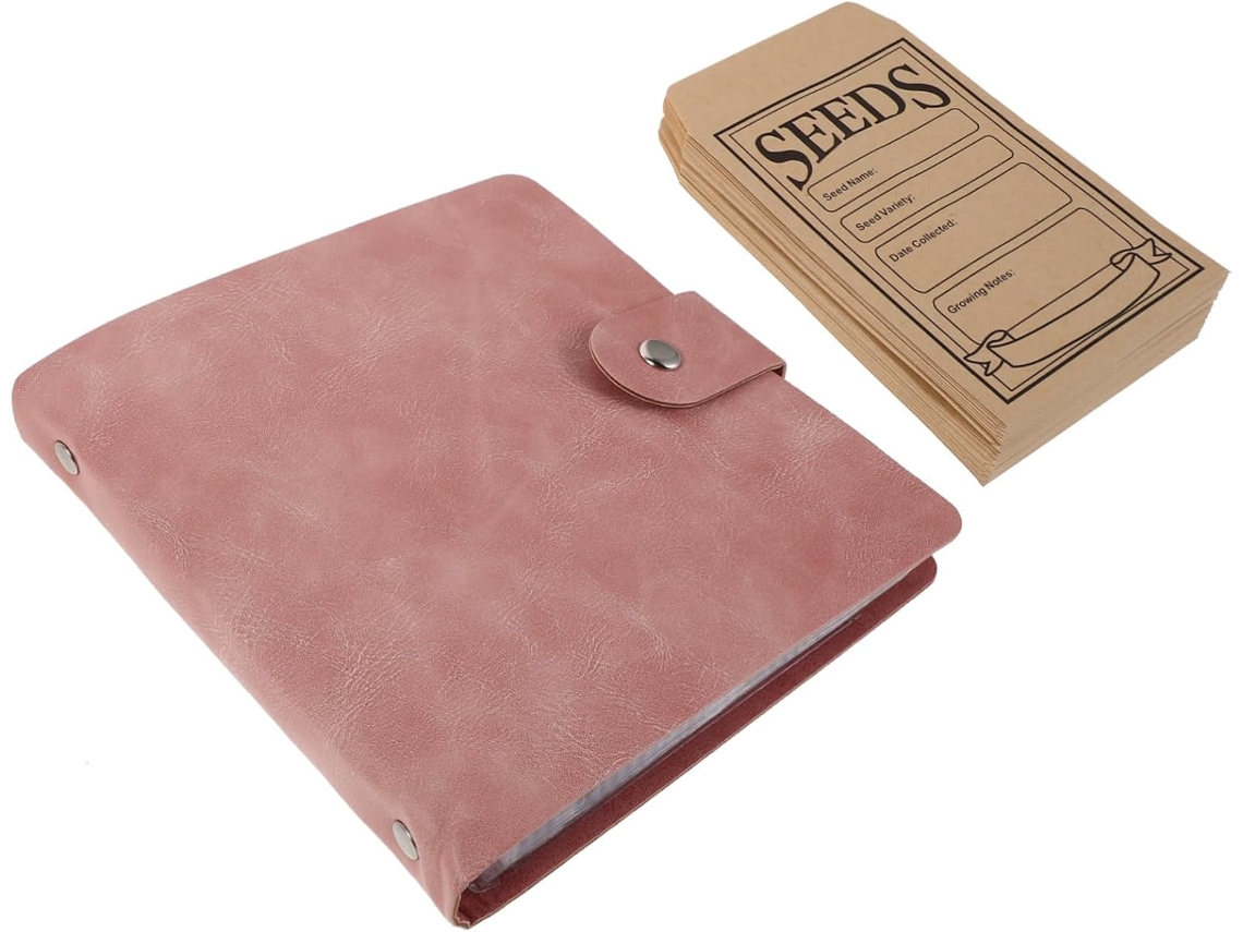 Organizador De Semillas Con Cubierta De Piel Sintética, Carpeta De Anillas Y Sobres Transparentes.