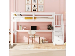 Cama alta de madera de pino de 140 x 200 cm con escalera de almacenaje y escritorio blanco