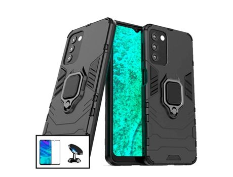 Kit Protector de Cristal Templado 5D Full Cover, Funda 3X1 Military Defender y Soporte Magnético de Coche Samsung Galaxy A03s PHONECARE Negro