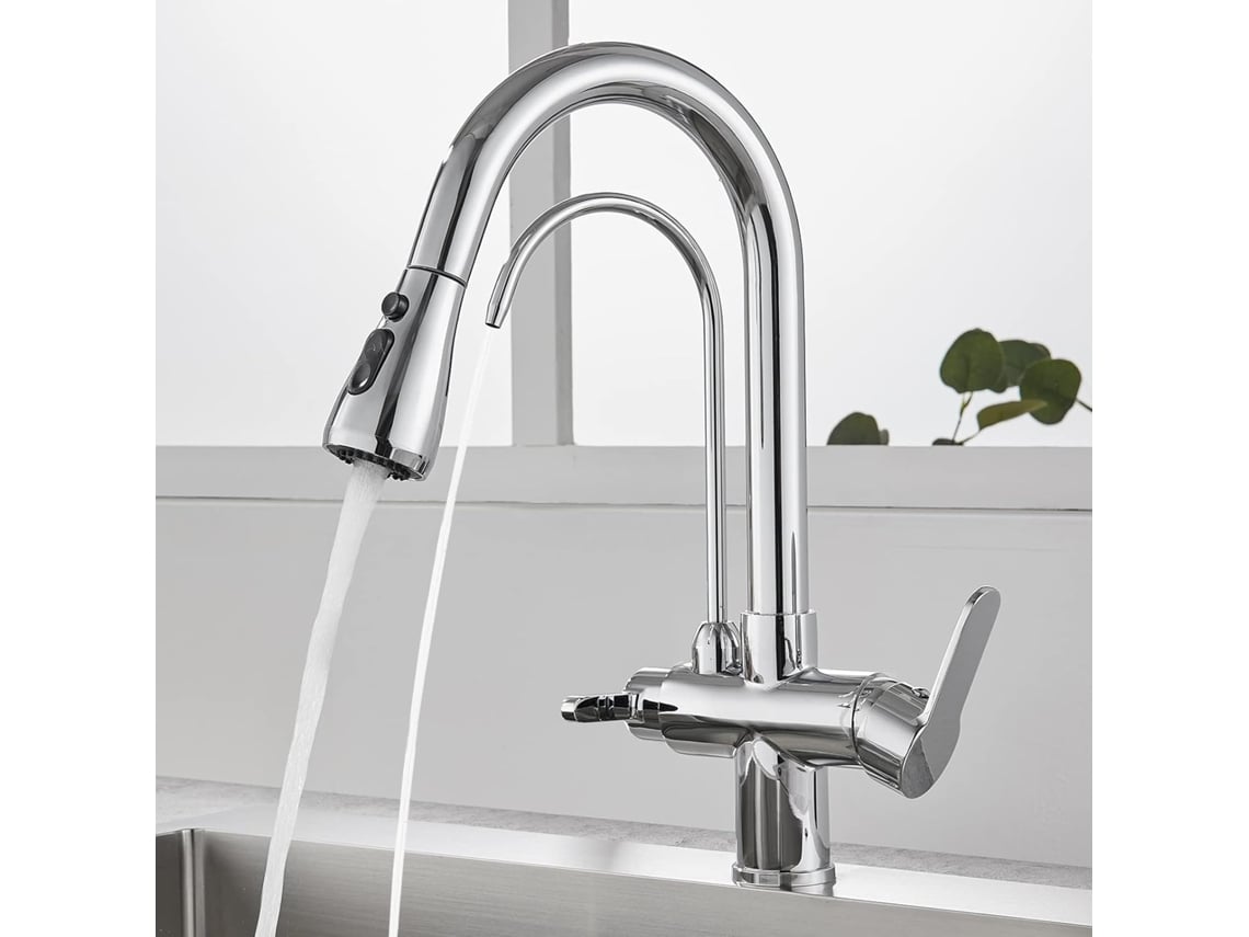 Grifo 3 En 1 (plateado) - Purificador De Agua - Manijas Dobles - Rociador Extraíble - Cuerpo De Latón - Cromado