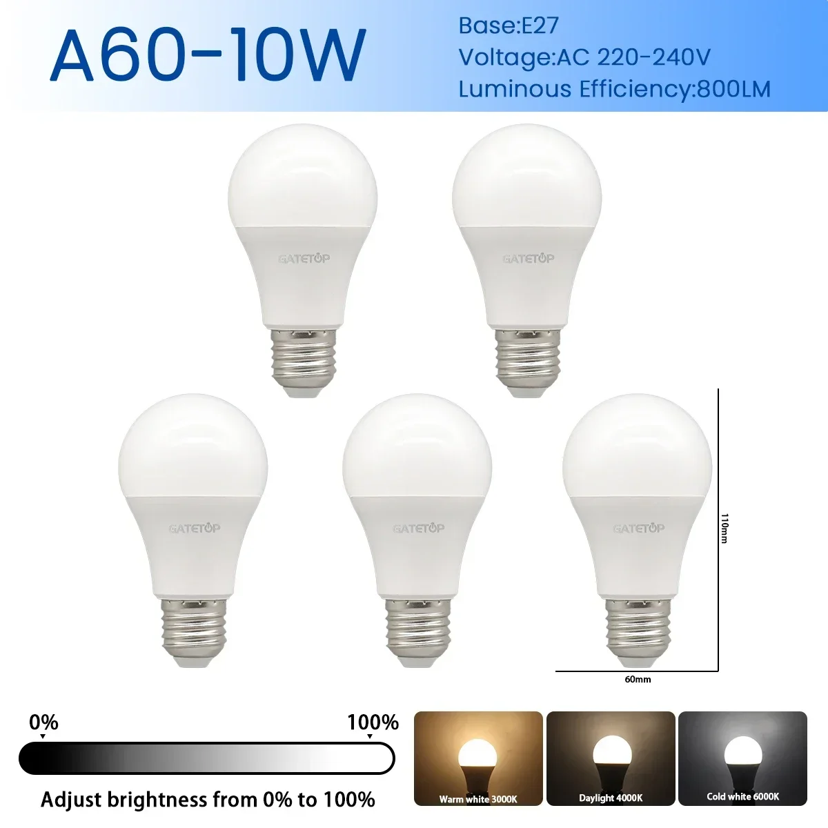 (a60 E27, Luz Natural 4000k) 5 Bombillas Led, Proyectores De Interior, Iluminación Empotrada
