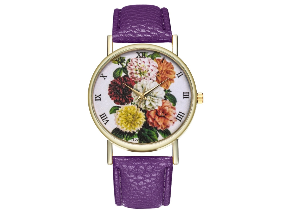 Reloj De Pulsera Analógico De Cuarzo Para Mujer Zhoulianfa Con Correa De Pu Con Estampado Floral Morado.