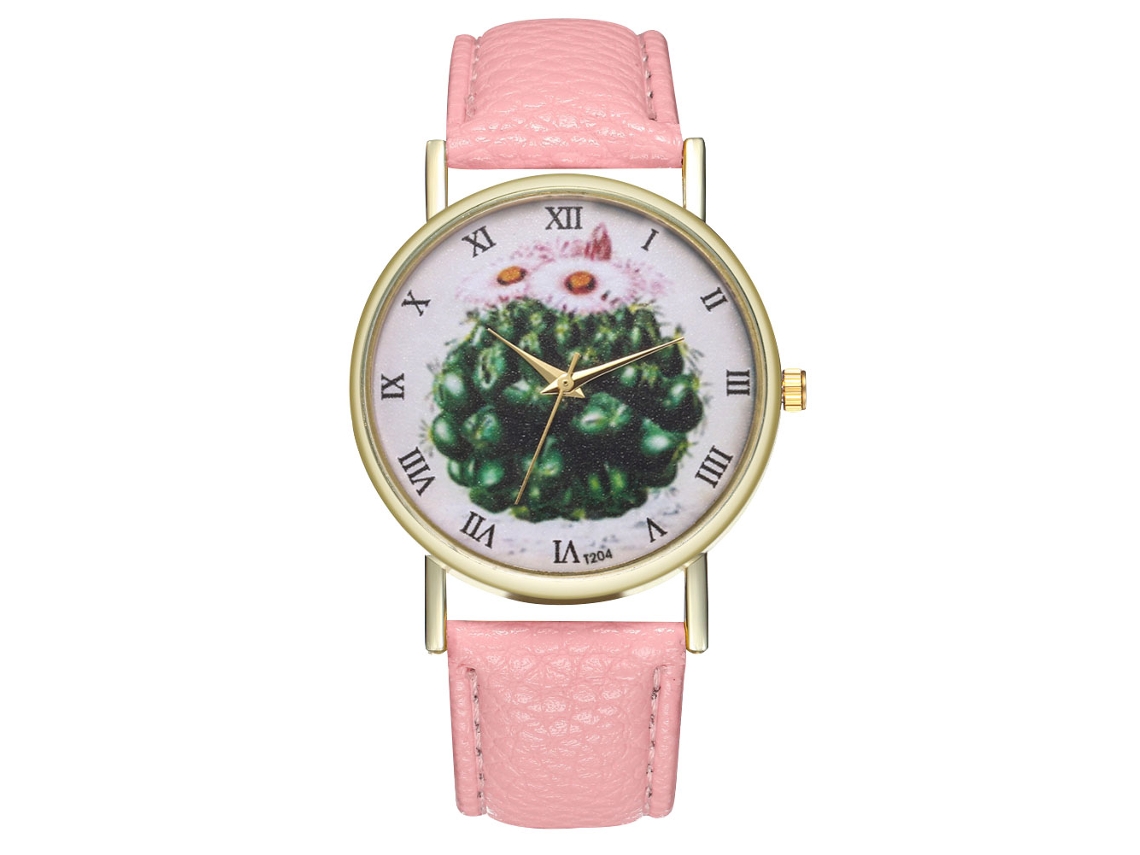 Reloj De Cuarzo Con Correa De Cuero Pu, Dial De Cactus, Unisex, Rosa