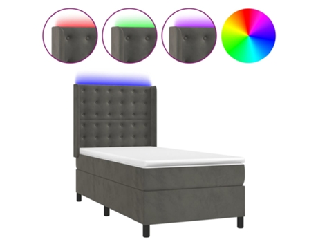 VIDAXL Colchón con somier/LED (Gris - Terciopelo - 90 x 190 cm)