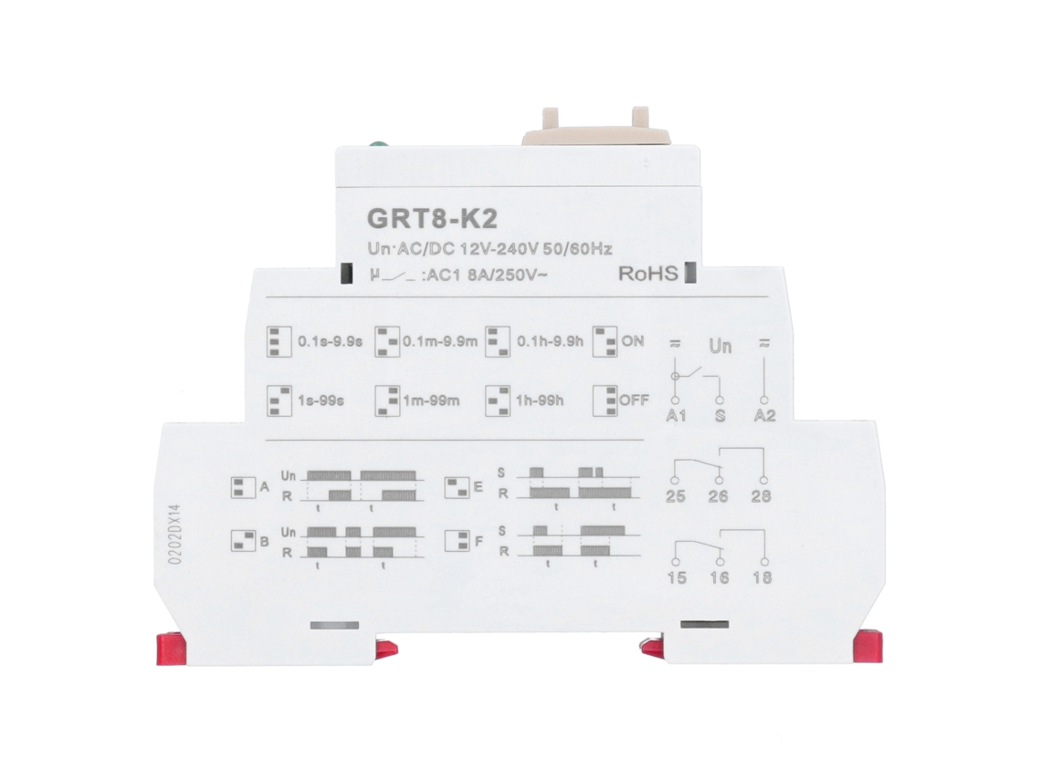 Relé Temporizador Grt8-k2 Ac/dc 12v-240v, 4 Modos De Retardo 0,1s-99h, 2 Contactos Na, 2 Contactos Nc