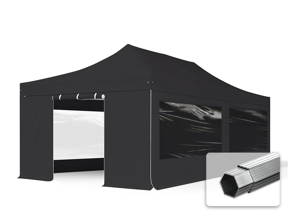 Carpa plegable de 4 x 8 m, aluminio profesional de 50 mm, laterales con ventanas panorámicas, color negro