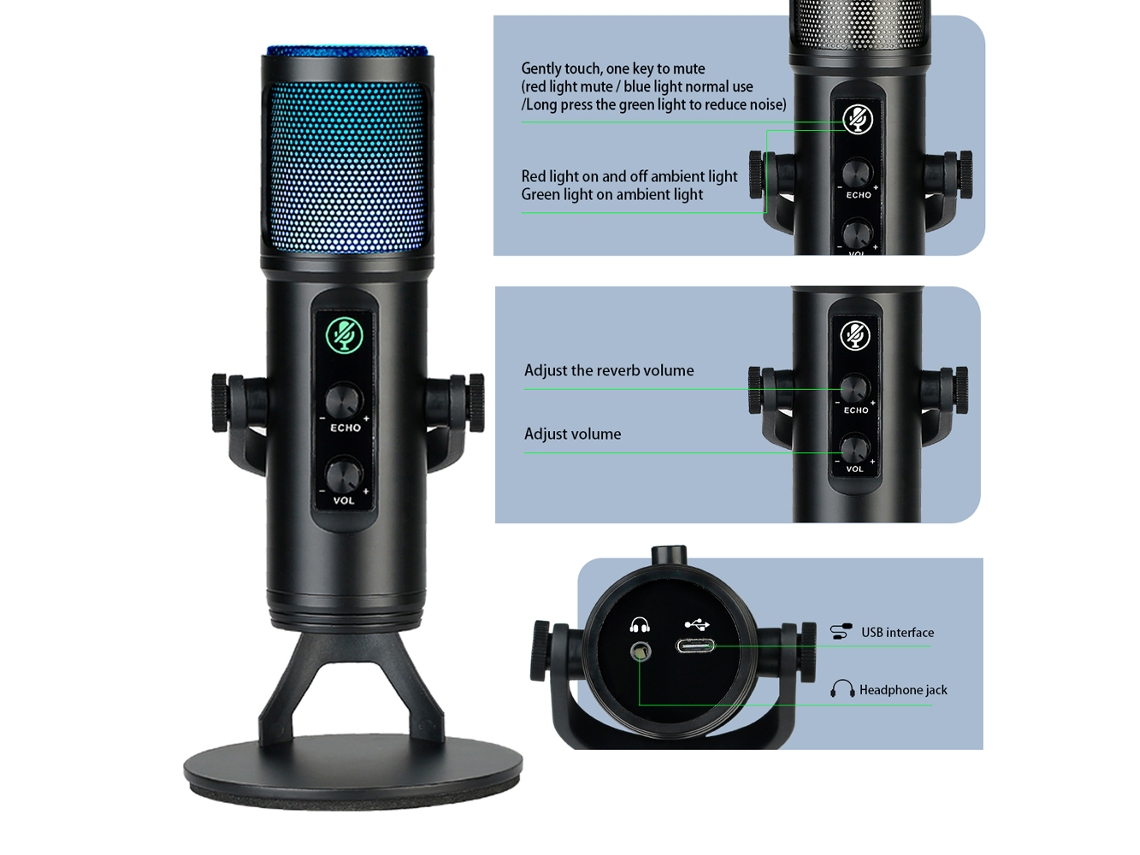 Micrófono Condensador Usb Cardioide Con Luces Rgb, Mute, Monitoreo En Tiempo Real Y Soporte Para Pc, Laptop Y Streaming