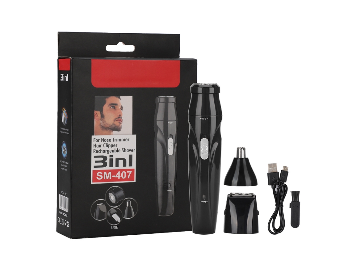 Aparador Elétrico De Cabelo Nasal, Bigode E Queixo Para Homens Sportsman Com 3 Cabeças Intercambiáveis E Carregamento Usb Preto