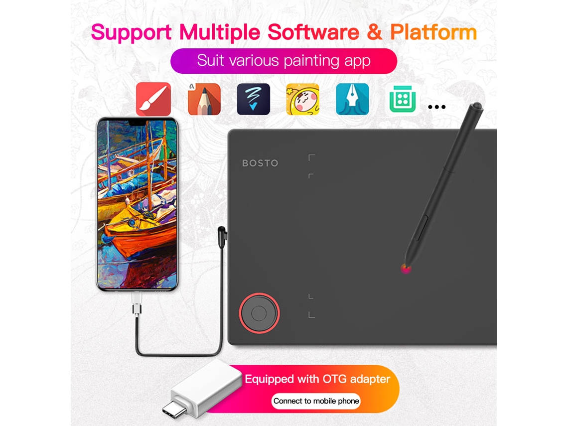 Tableta Gráfica Bosto T608 Con Lápiz (batería No Incluida) 8192 Niveles De Presión 8x6 Pulgadas