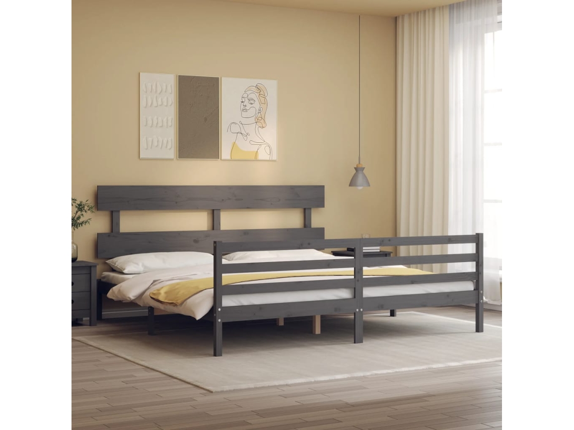 Estructura De Cama Con Cabecero Madera Maciza Gris 200x200 Cm