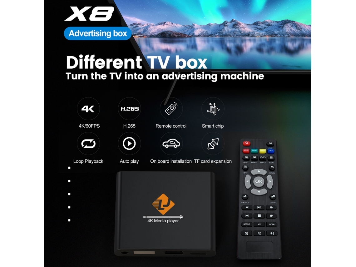 Reproductor Multimedia Digital 4k Mini Tv Box Máquina De Anuncios Reproducción Mediante Tarjeta Tf Y Unidad Usb Control Remoto