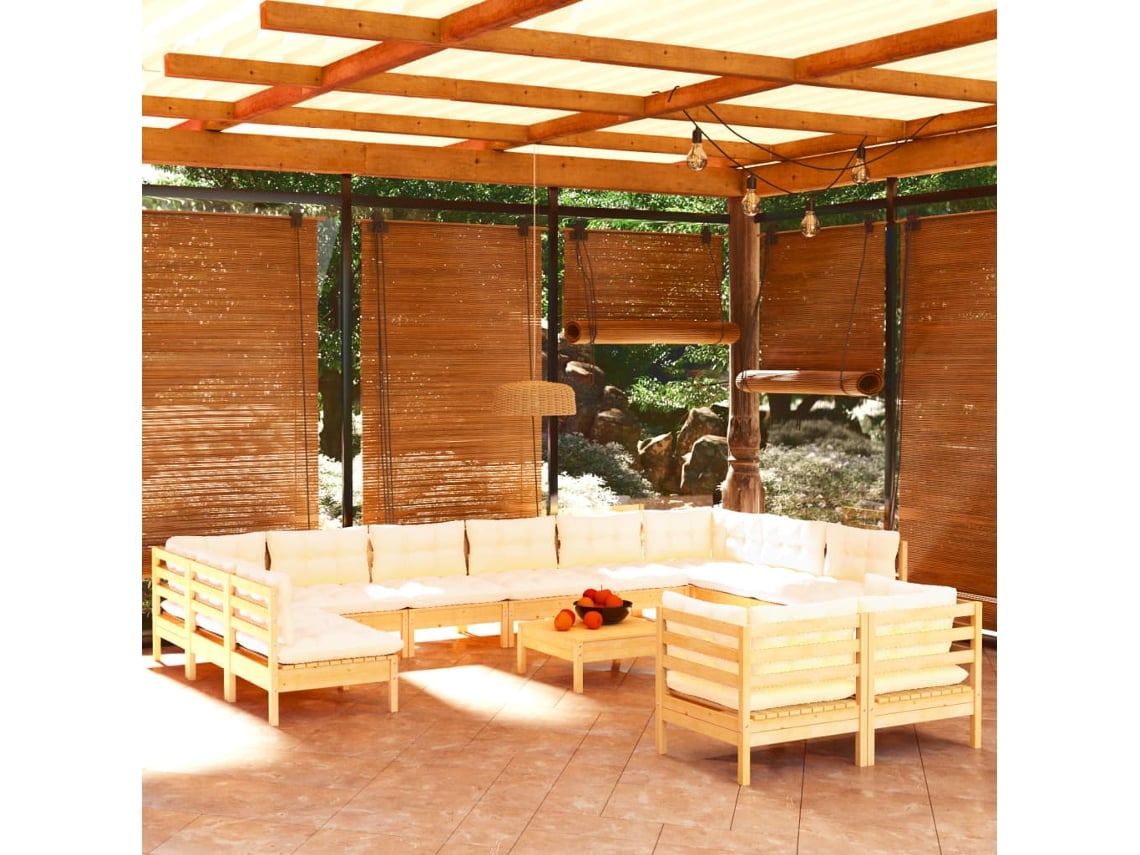 13 Pcs Conjunto Lounge Jardim C/ Almofadões Cor Creme Pinho Dkd Home Decor