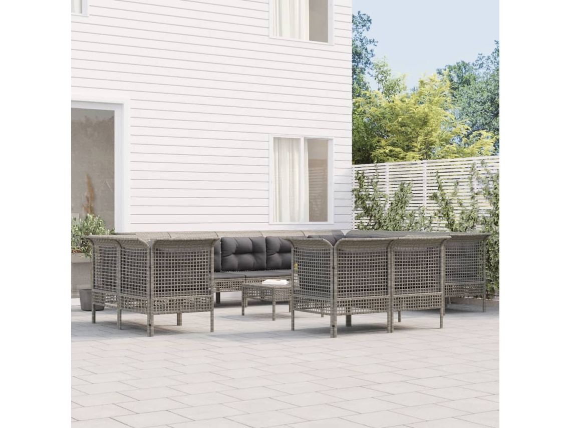 13 Piezas Conjunto Lounge De Jardim C/ Almofadões Vime Pe Cinzento Dkd Home Decor