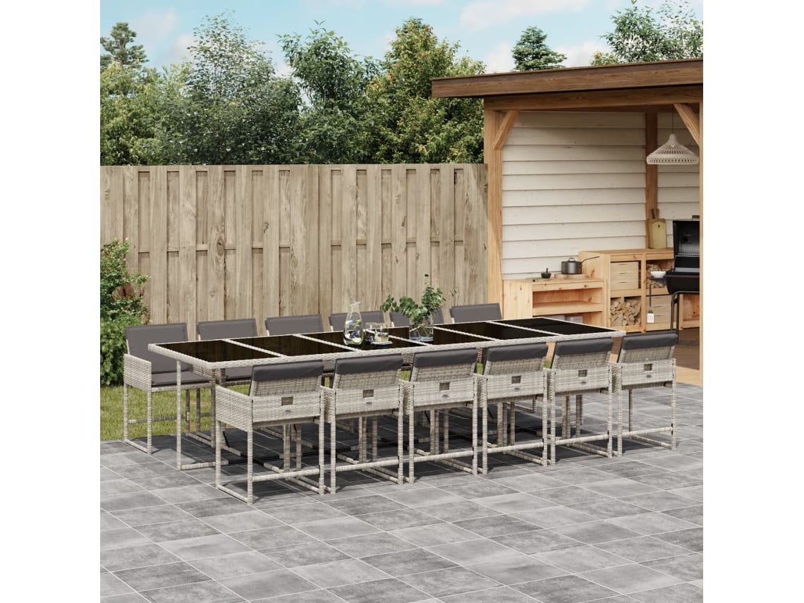 Juego de comedor de jardín de 13 piezas con cojines de mimbre gris claro, Dkd Home Decor