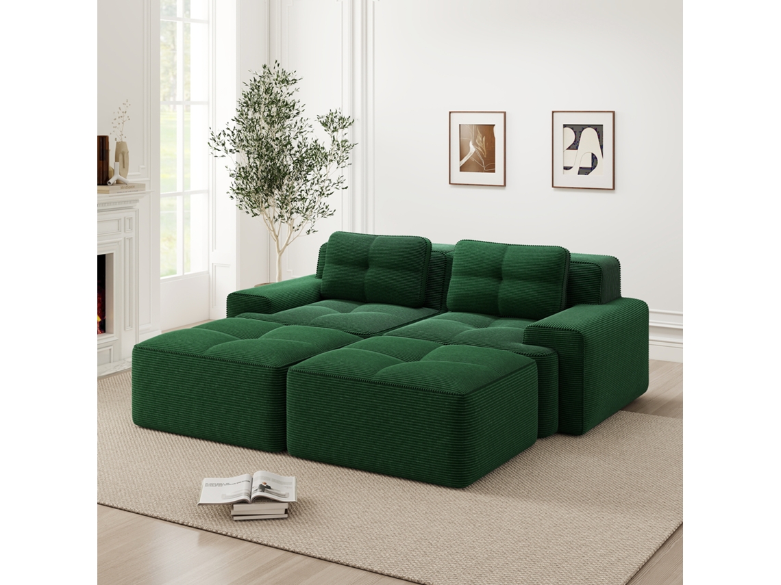 Sofá Modular 2 Plazas - U, Cómodo, Con Otomán, Asiento Profundo - Verde