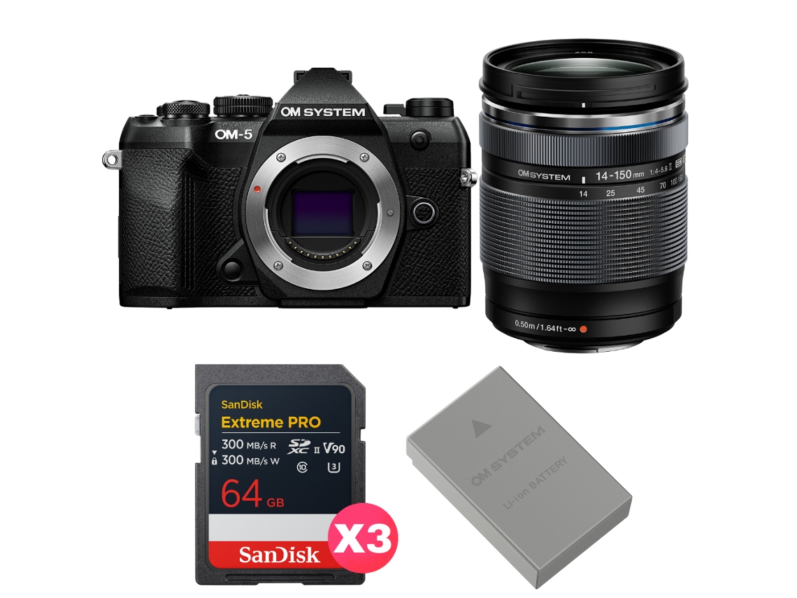 OM 5 Mark II Negro + 14 150 mm F/4 5.6 II + 3 Sandisk 64 GB Extreme Pro UHS II SDXC + Sistema OM BLS 50 + Libro electrónico Pricedirect OM SYSTEM