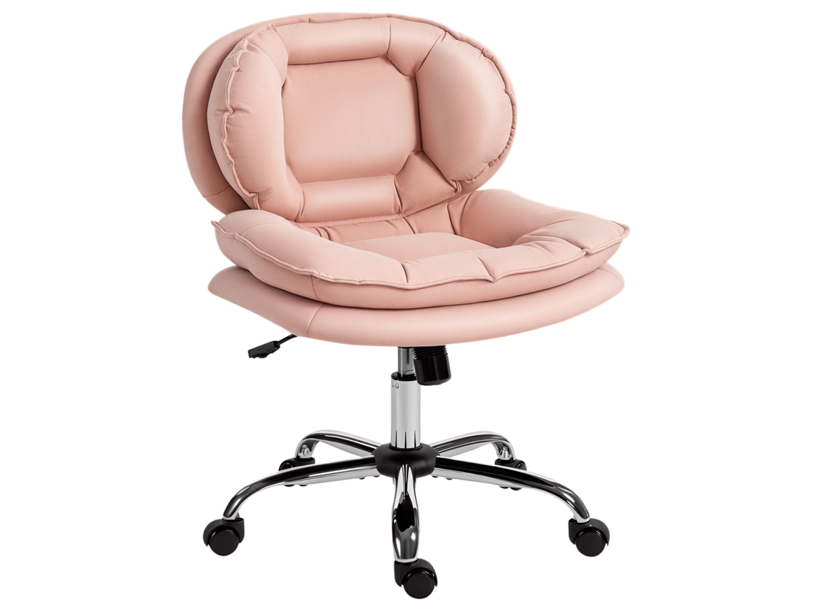 Silla de oficina rosa con asiento ancho y ruedas.