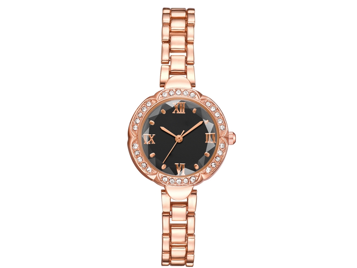 Reloj De Pulsera De Aleación Para Mujer Con Movimiento De Cuarzo Y Piedras De Imitación De Diamantes, Oro Rosa, Negro.