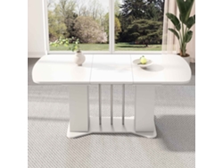 Mesa de comedor extensible moderna de 120/160 x 80 cm con espacio de almacenaje y patas metálicas plateadas en color blanco Mobrio.