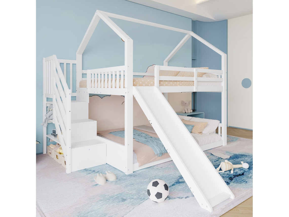 Litera con escalera y tobogán, cama para el hogar (sin colchón), cama para niños pequeños con nivel, adecuada para niños y adolescentes