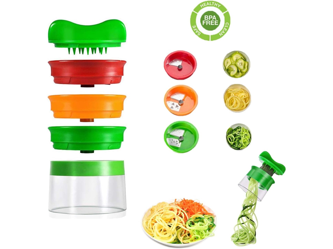 Espiralizador de verduras portátil, acero inoxidable, tamaño compacto, soporte para alimentos que protege las manos y también funciona como tapa de pistola.