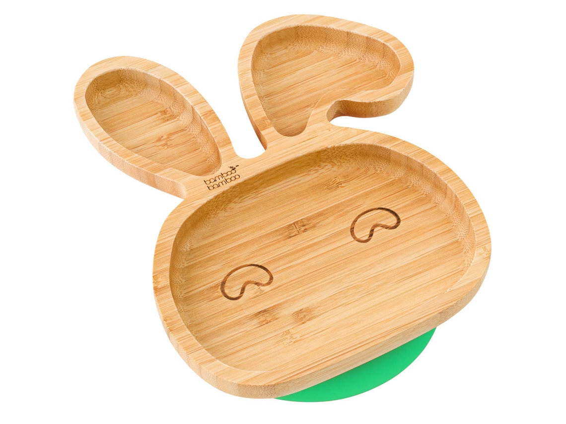 Plato de alimentación con ventosa para bebés y niños pequeños con temática de conejo de bambú, plato de alimentación antideslizante