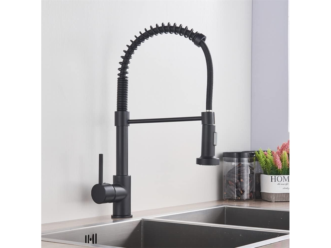 Grifo De Fregadero De Cocina De Color Gris Plateado Con Una Manija Para Agua Caliente Y Otra Para Agua Fría.