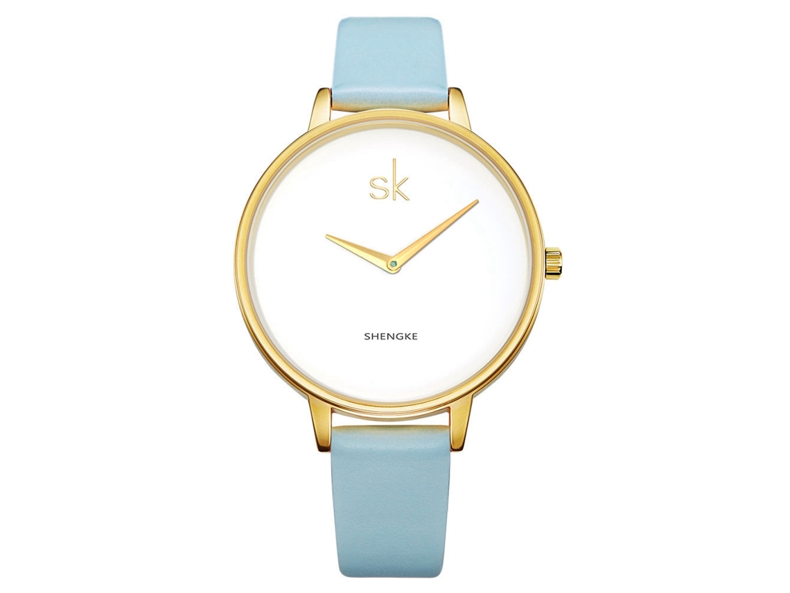 Reloj De Pulsera De Cuarzo Para Mujer Shengke Con Correa De Pu, Esfera Redonda, Dorado + Azul Claro.