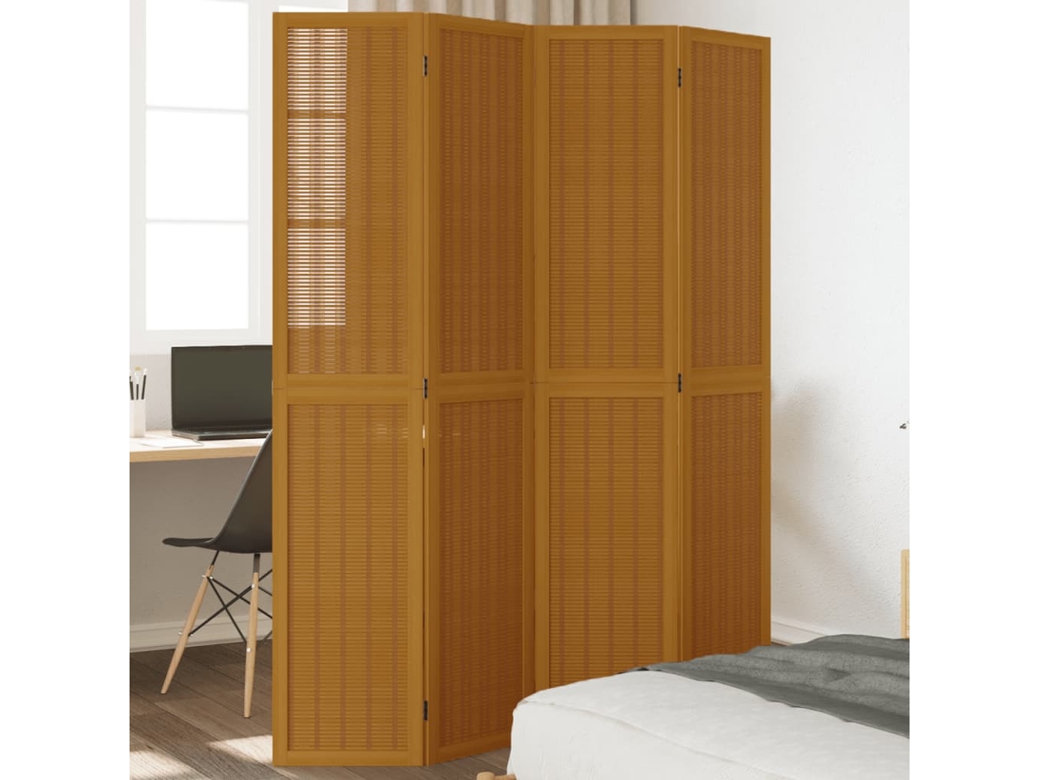Biombo de 4 paneles de madera maciza de paulownia marrón Wsd929734 Lovely Home