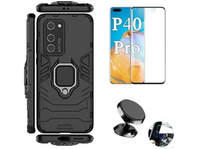 Kit Carcasa, Protector de Cristal 5D Full Cover y Soporte Magnetico Huawei P40 Pro Defender Negro
