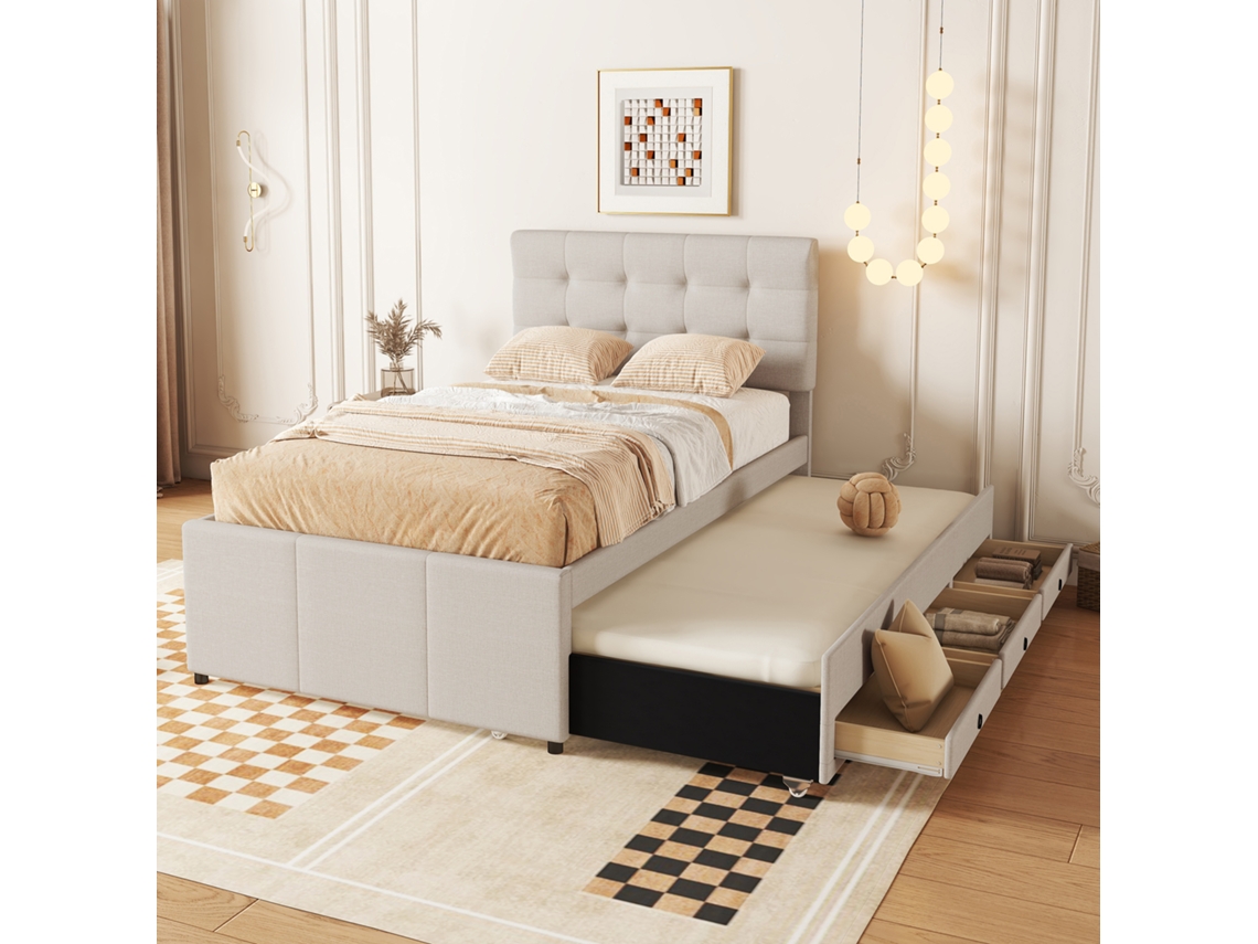 Cama tapizada de 90x200 cm con cama supletoria de 90x190 cm en tejido de lino con 3 cajones y somier de láminas beige.