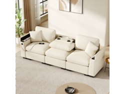 Sofá de chenilla de 3 plazas con cojines, mesa plegable, puerto USB, portavasos y espacio de almacenamiento - Muebles Beige