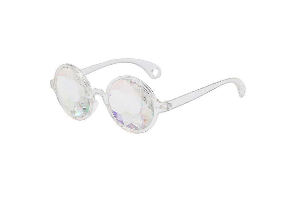 Gafas redondas caleidoscópicas con lentes prismáticas difractivas y montura transparente con un agujero.